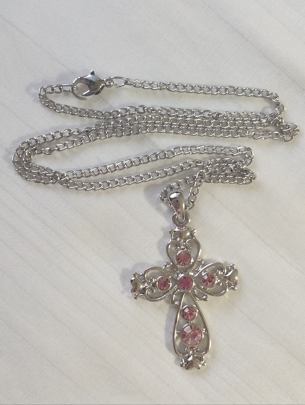 Silver Pink Cross Necklace Rhinestone
